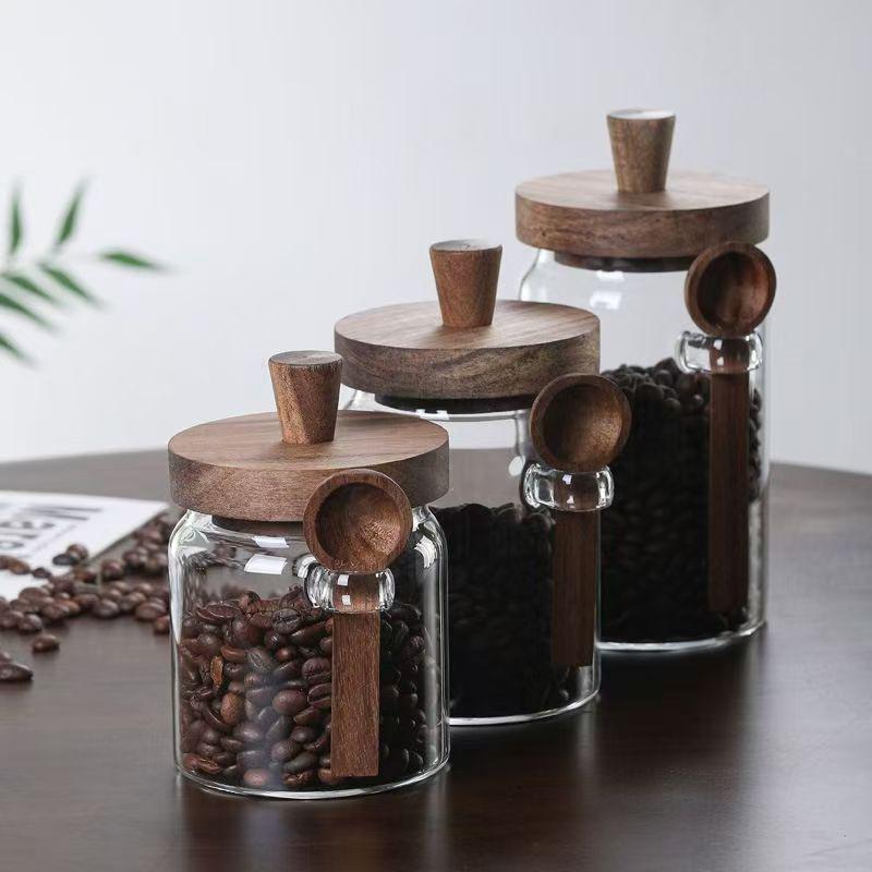 Glass Sealed Coffee Bean Storage Jar with Spoon – Small Container for Coffee Powder & Tea