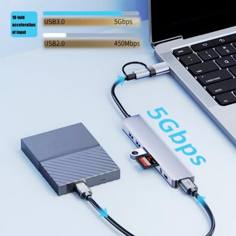 8-IN-2 USB C+USB3.0 Hub 8 Port USB Splitter Extended 3xUSB2.0+1xUSB3.0+1xType C Card Reader Adapter for PC Keyboards