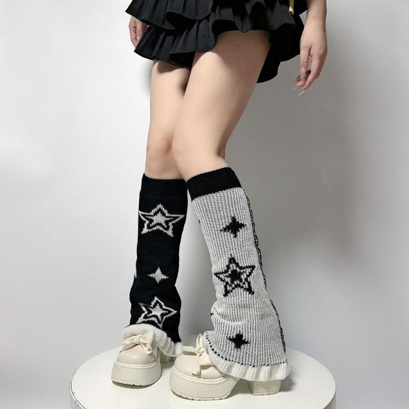 Punk Women Leg Warmers Japanese Aesthetic Star Pattern Flared Knitted Foot Cover Ruffle Trim Long Stockings Streetwear