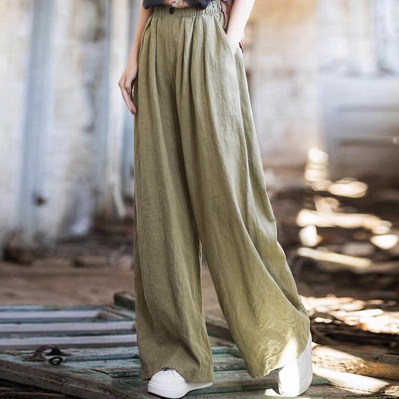 Solid Color Cotton and Linen Wide-leg Casual Pants Women's Spring and Summer 2025 New Loose Age-reducing Elastic Waist Retro Floor-mopping Trousers