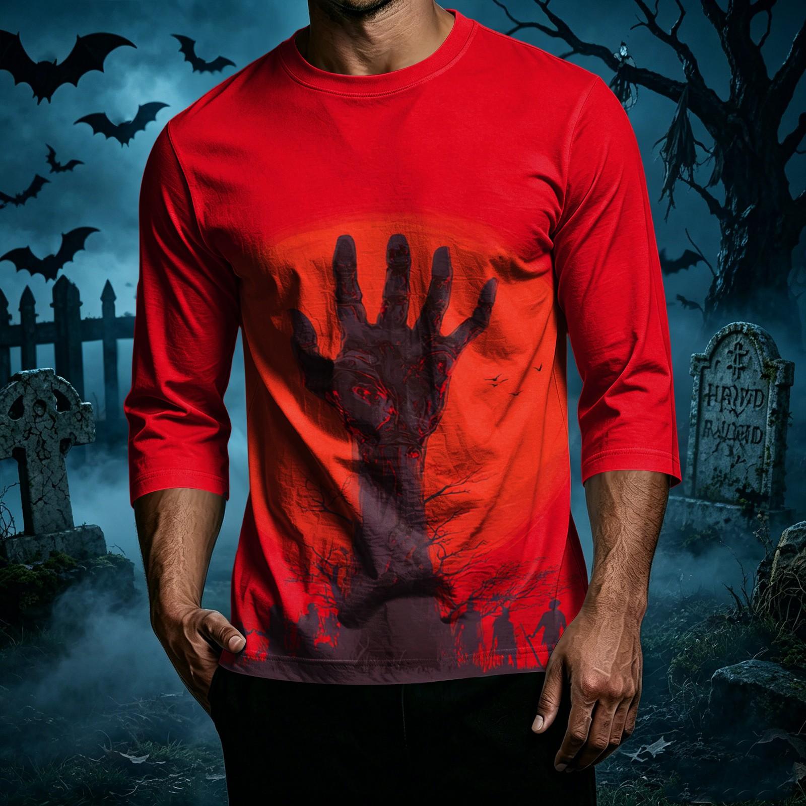 Men s Casual Halloween Printed Crew Neck T-Shirt Three Quarter Sleeve Top Comfortable Fit Lightweight Fabric Suitable for Daily Wear XL