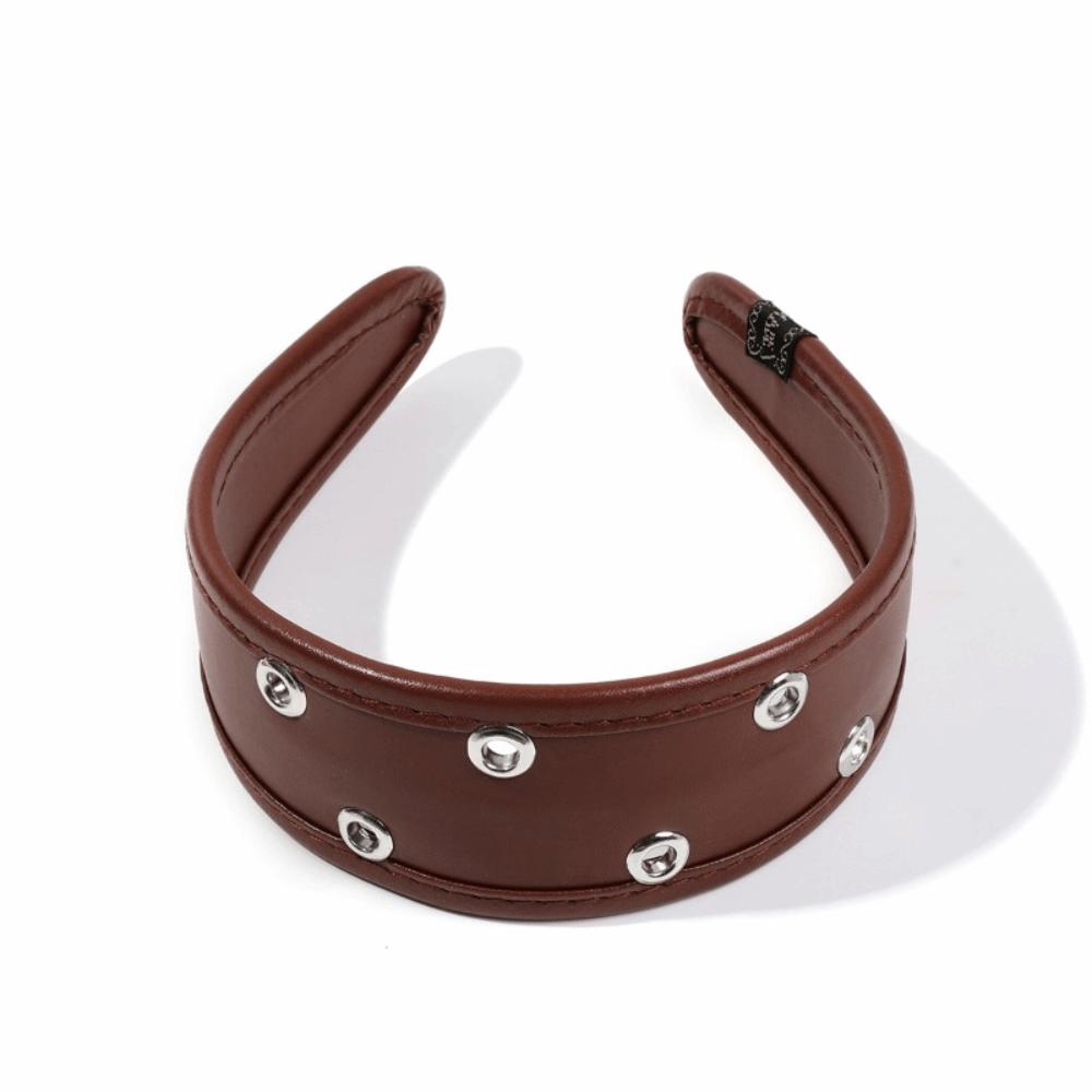 

Wide Metal Rivets Headwear Punk Hollow Ring Hair Hoop Leather Headband Travel Shopping коричневий
