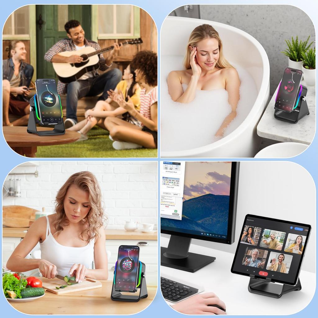 5-in-1 Wireless Induction Bluetooth Speaker with Phone Stand, Stereo Sound, 3500mAh Battery, RGB Light, 360° Holder – Gift for Men & Women