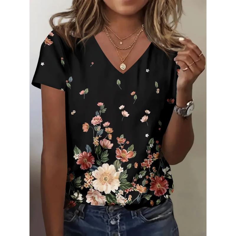Fashion Women's V-Neck Short Sleeve 3D Flower Color Printing Flower Short Sleeve V-Neck T-Shirt
