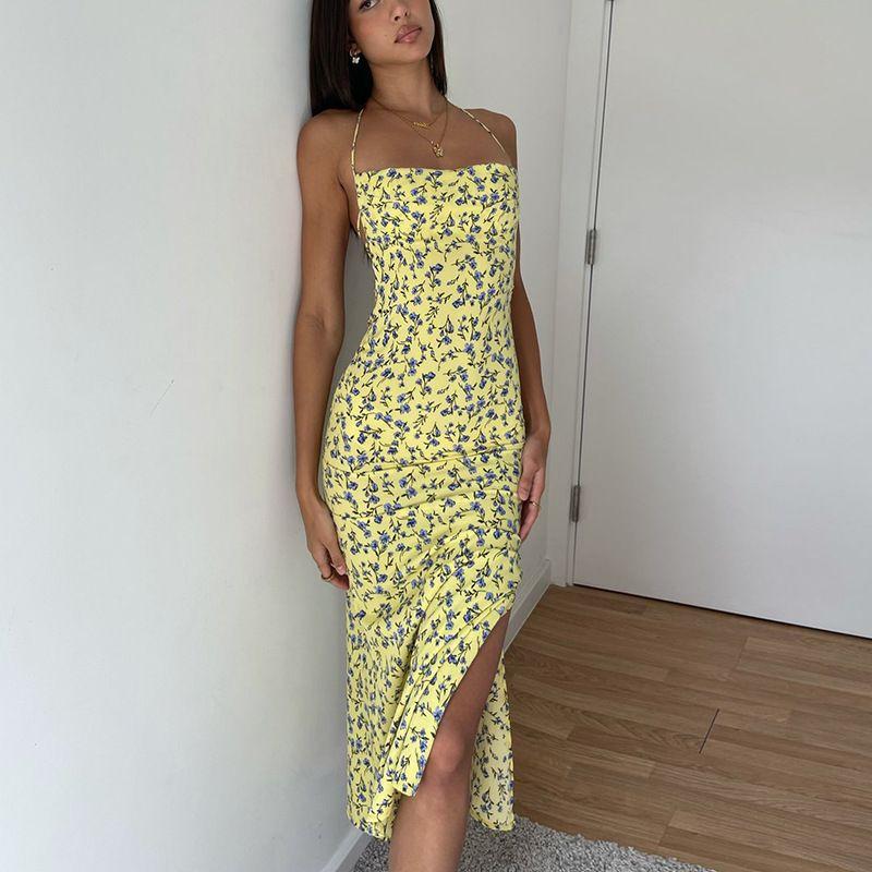 Summer New Yellow Sexy Slit Halter Dress