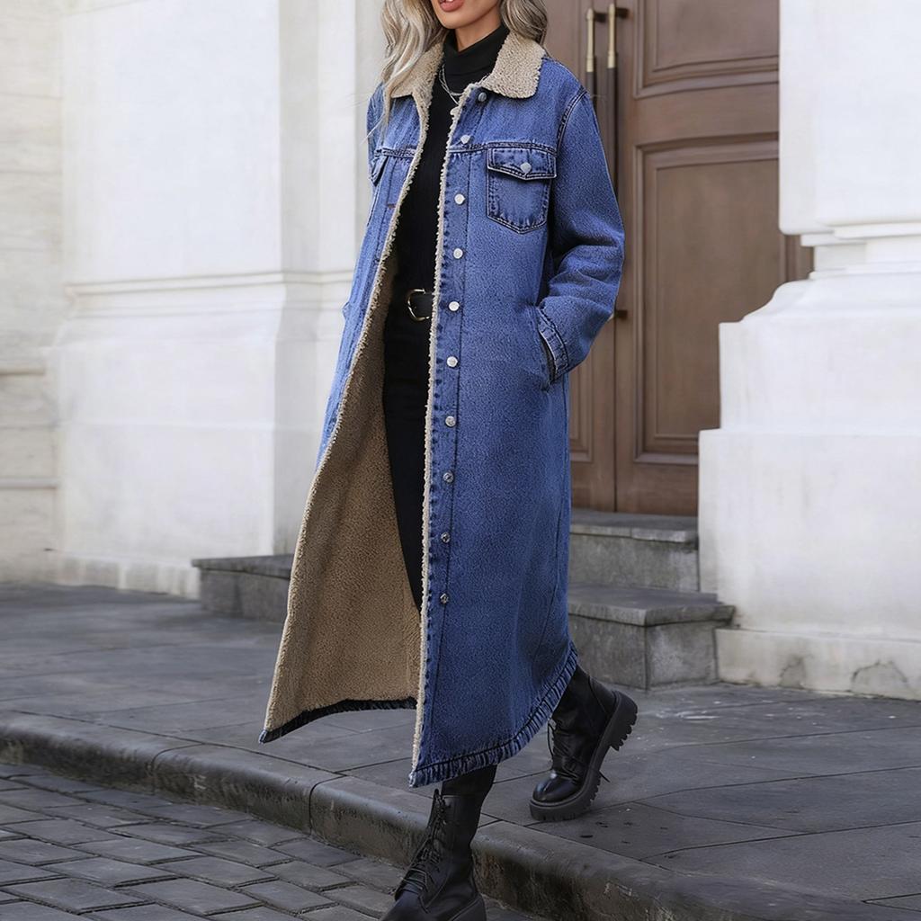 Damen Modischer Lässiger Lockerer Langer Baumwollmantel mit Fleecefutter Jeansjacke