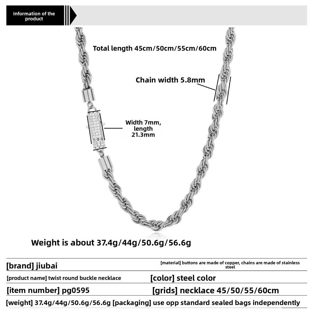 European and American Style Diamond-Encrusted Buckle 6mm Stainless Steel Chain Braided Chain Unisex Necklace Hip-Hop Accessories Titanium Steel
