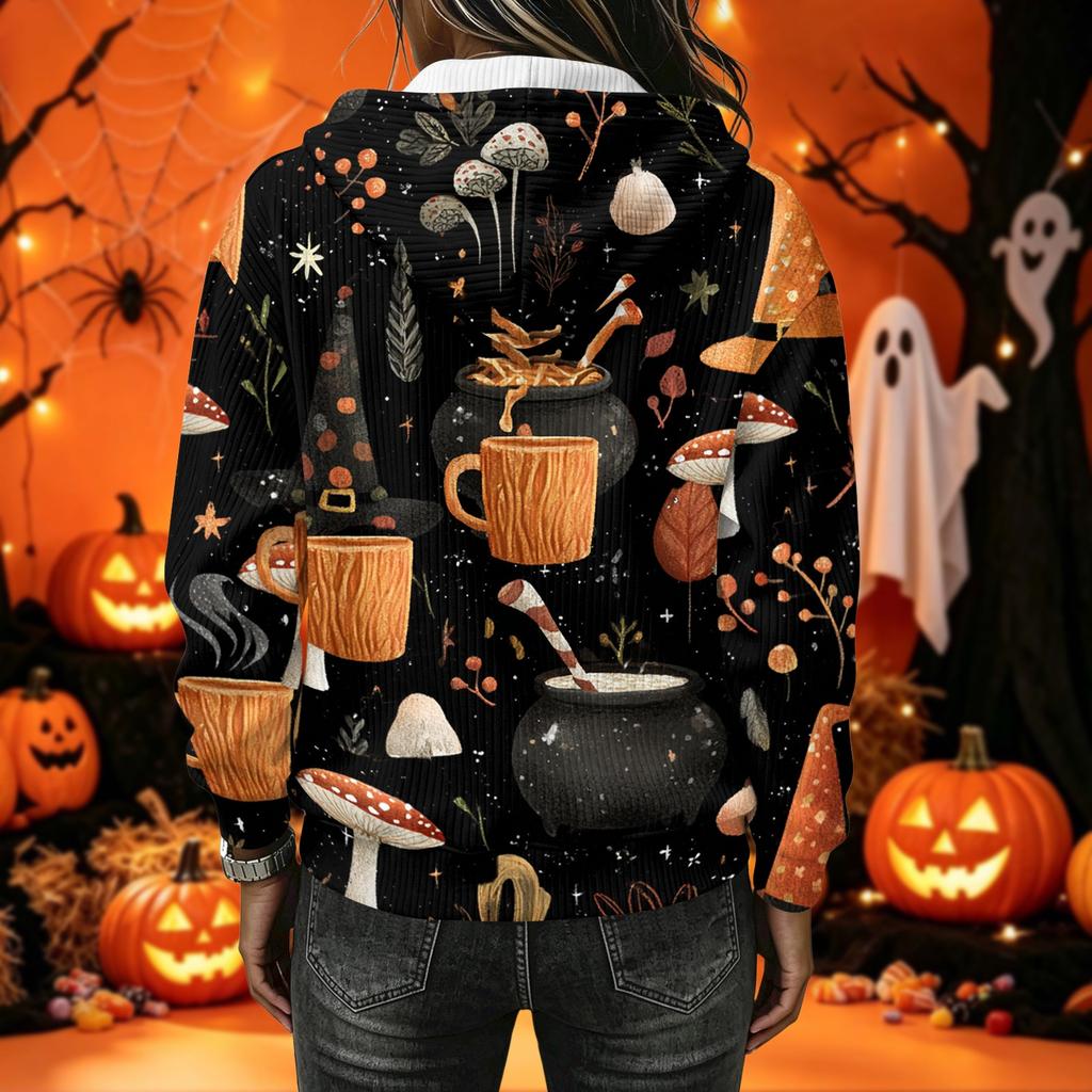 Women's Long Sleeve Hoodie Sweatshirt with Halloween Print for Casual Wear