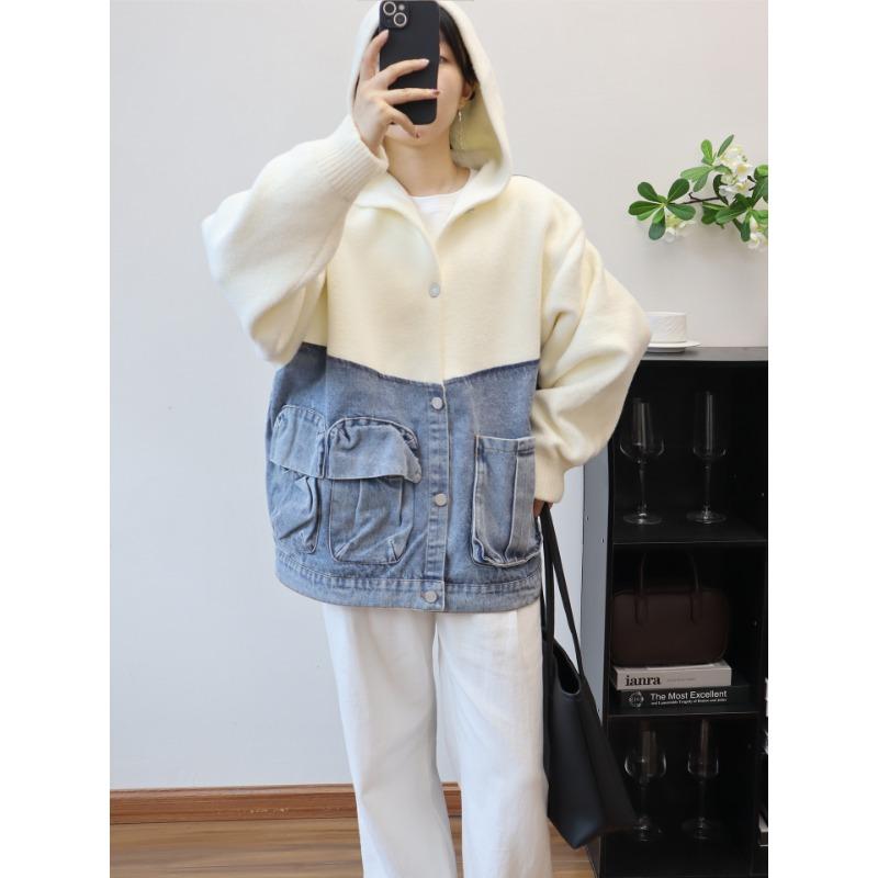 

Осень и зима новый худи с джинсовой вставкой, вязаный двухсторонний кардиган, дизайнерский свободный свитер-куртка для женщин one size fits all