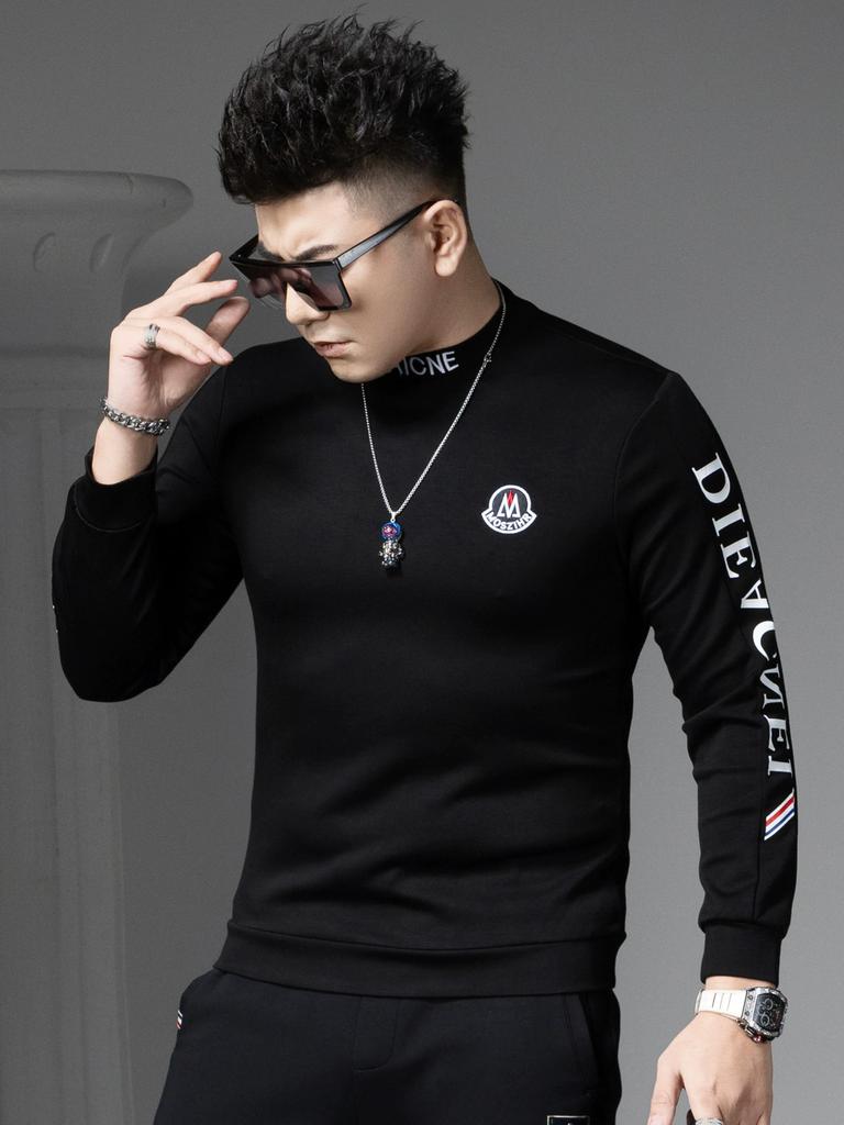 European Men's Trendy Letter Print Sweatshirt 2025 Autumn New Half-Turtleneck Base Shirt Long-Sleeve T-Shirt for Men