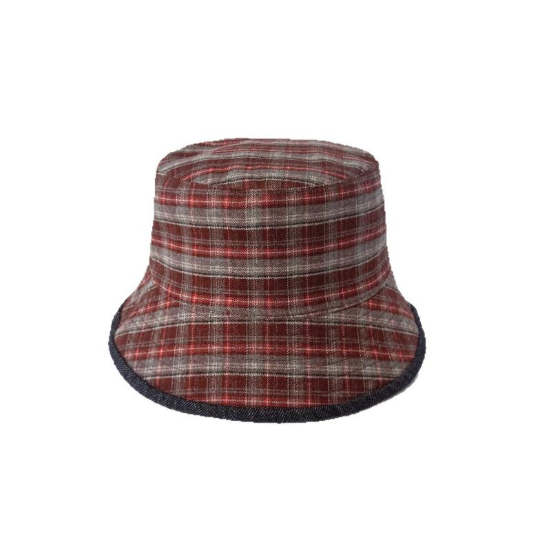 25 early autumn new double-sided can wear denim bucket hat women's high-end sense large grid show face small hat tide
