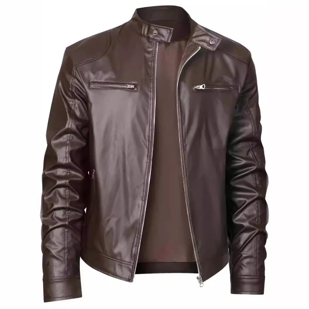

2026 Men s Slim Fit Leather Stand-up Collar Motorcycle Jacket with Zipper Pockets, Plus Size Available. M коричневый