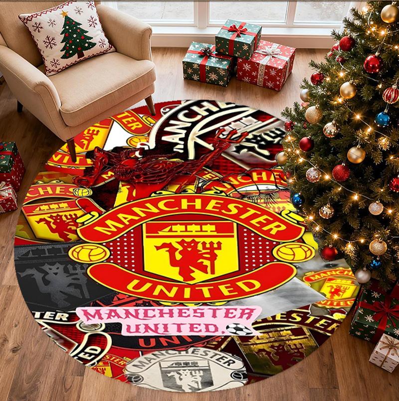 Manchester United F.C Pattern Round Rug, Indoor/Outdoor Mat, for Picnic, Gameroom, Bedroom, Office, Living Room, Home Decor Carpet, Birthday Gift