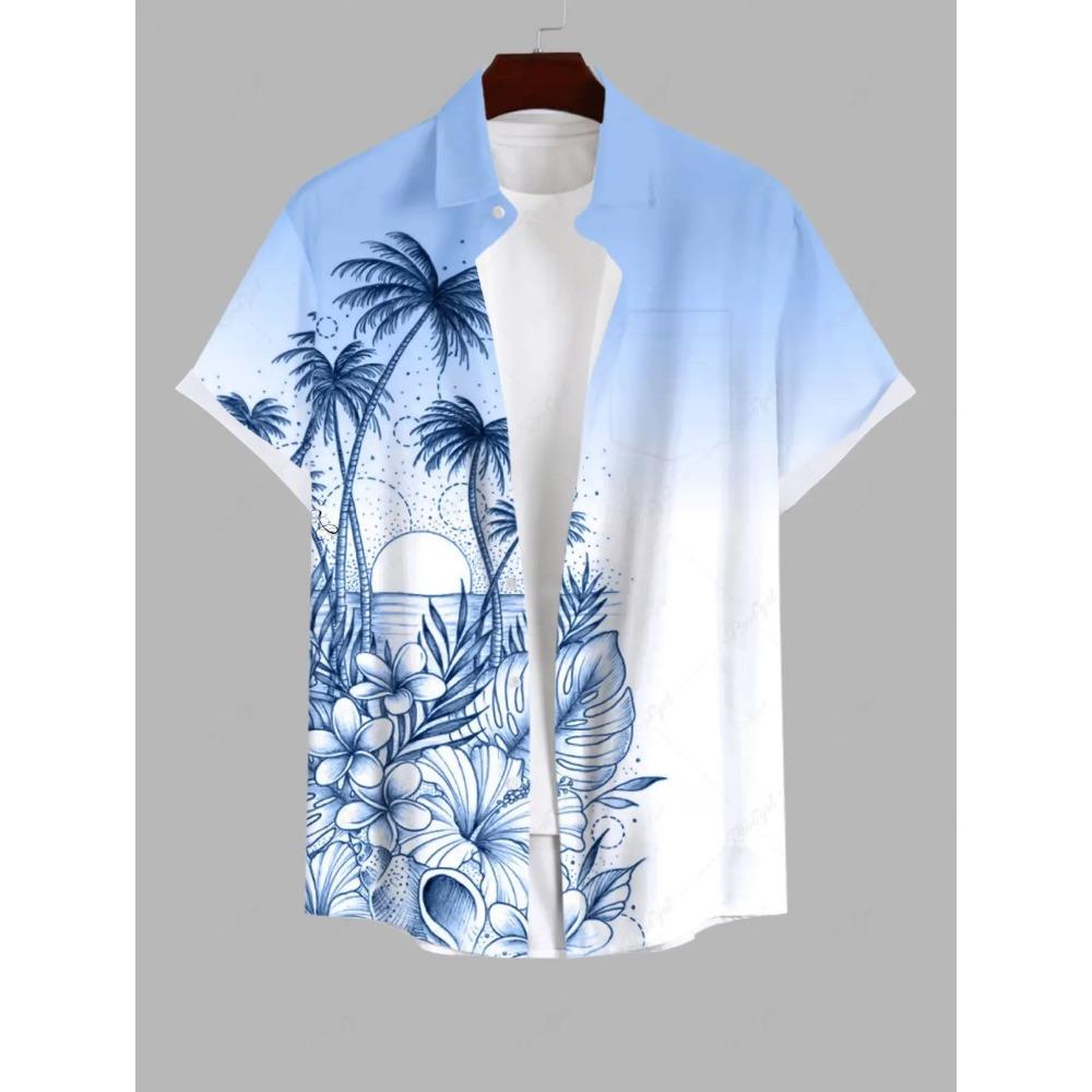 Męska Letnia Koszula z Krótkim Rękawem z Wzorem Drzewa Kokosowego, Drukowany Kołnierzyk, Koszula na Wakacje na Hawajach, Męska Codzienna Koszula Street Hip Hop z Krótkim Rękawem