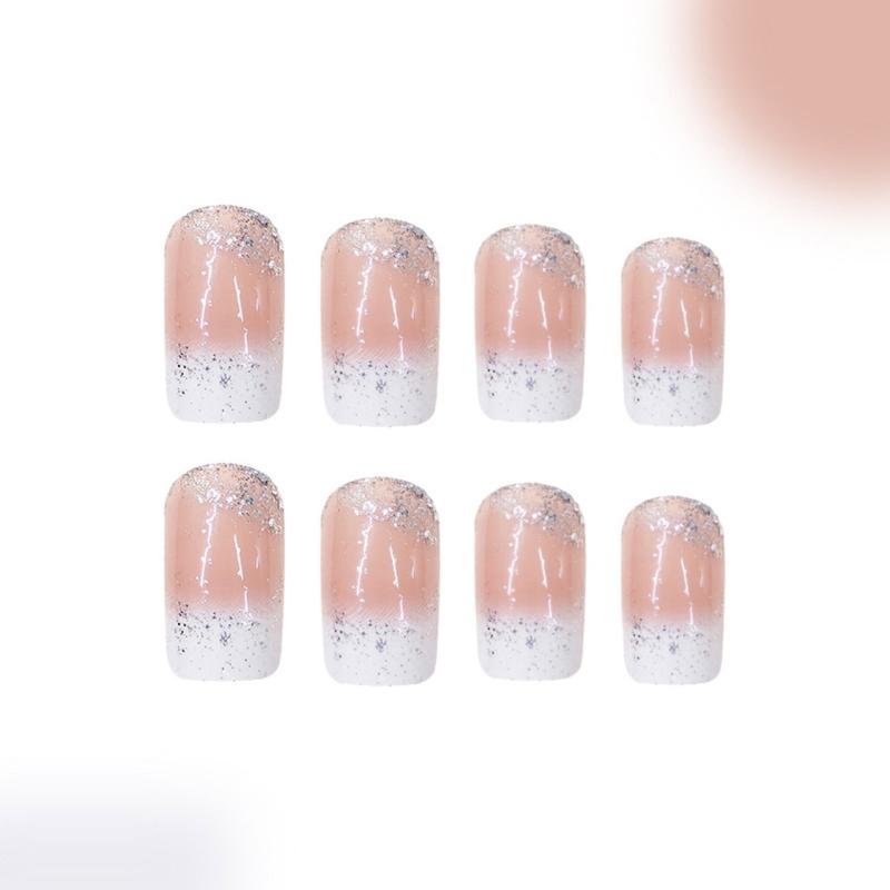 24x French Tip Press On Nail Medium Square Full Cover False Nail Glittering Stick On Nail Sparkling Artificial Nail