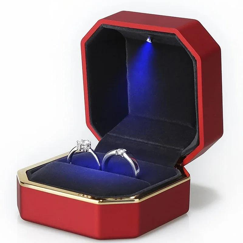 New 1PCS Ring Box Wedding Velvet Ring Case Organizer Jewelry Gift Box With Led Light For Proposal Engagement Ring Boxes