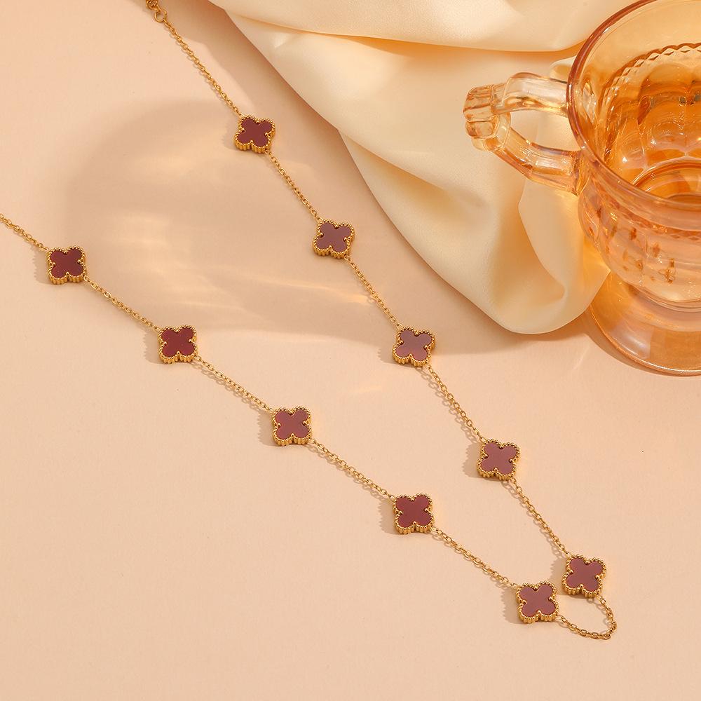 Four leaf clover stainless steel small flower double-sided shell pendant necklace