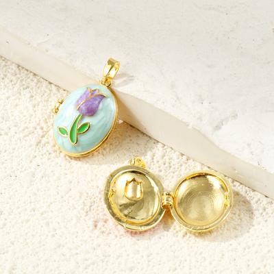 2Pcs Oval Enamel Tulip Flower Charms Can Open Picture Photo Locket Frame Brass Pendants For Diy Necklace Jewelry Making 27x17mm