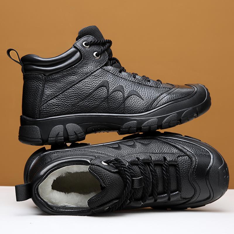 Winter First Layer Cowhide Men's Cotton Shoes Velvet Warm Snow Boots High-top Shoes Cotton Boots