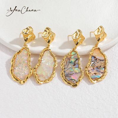 Geometrische Hängeohrringe aus Abalone-Muschelschale: Europäisch & Amerikanisch Inspirierter Titanstahl Modeschmuck für Damen