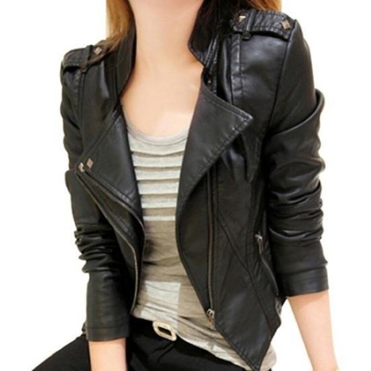 

Slim Fit Faux Leather Jacket Women Fashion Short Coat Turn Down Collar S чёрный