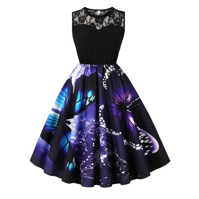 Halloween New Retro Dress Lace Crew Neck Sleeveless Patchwork Pendulum Dress