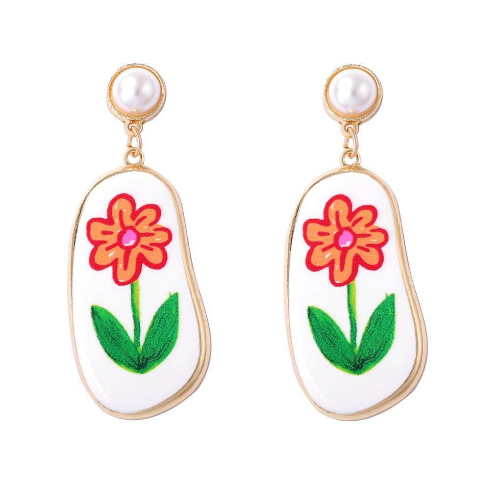 Simple, Fashionable, Fresh and Sweet Alloy Printed Flower Imitation Pearl Pendant Geometric Earrings, Versatile for Commuters