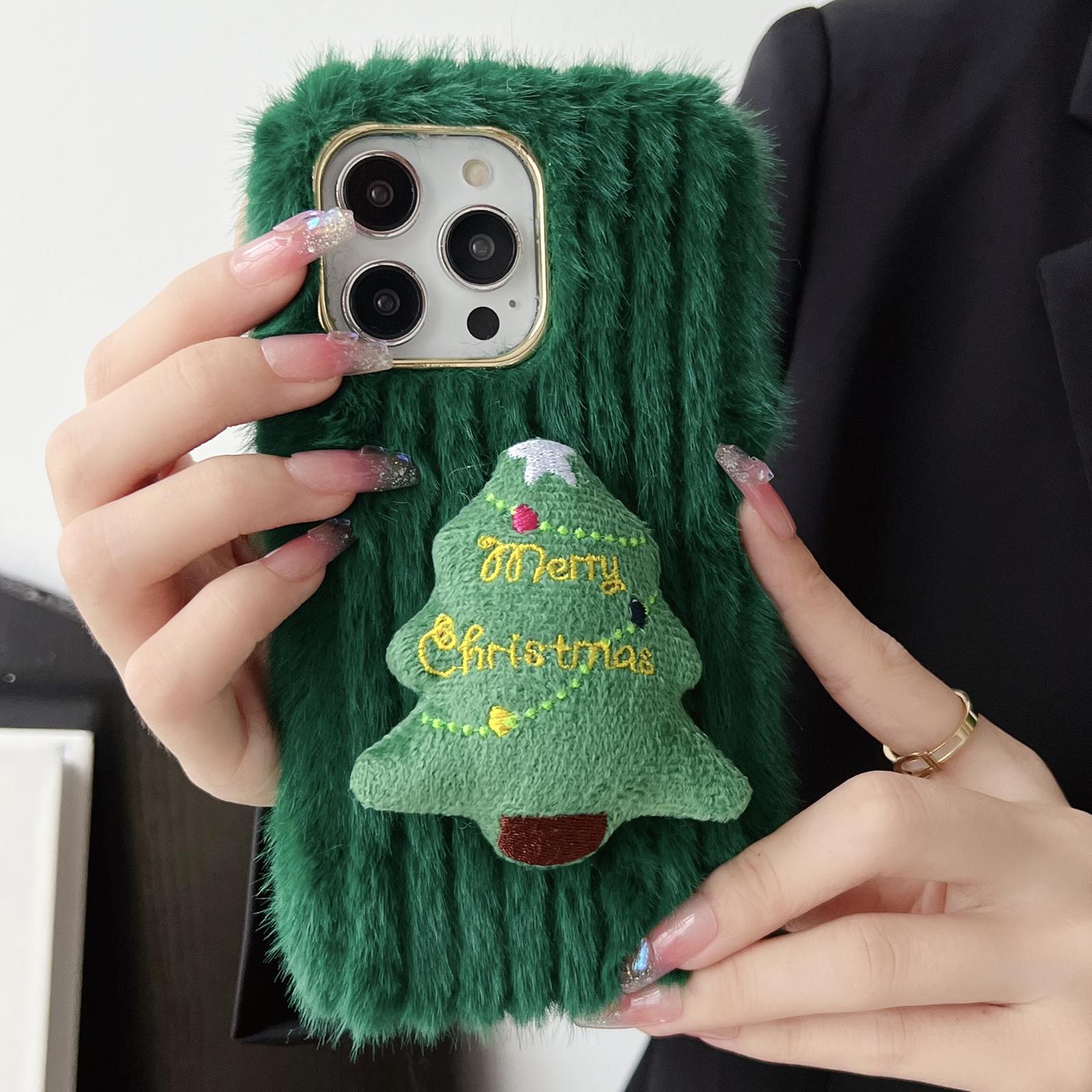 

For iPhone 15 Pro Max Case Christmas Tree Design Plush + TPU Phone Cover A