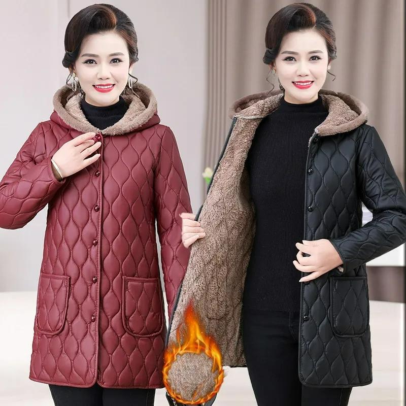 Mother's Mid-length Padded Jacket Winter Western Style Plus Velvet Thick Hooded Padded Jacket Fashion Middle-aged Jacket Padded Jacket