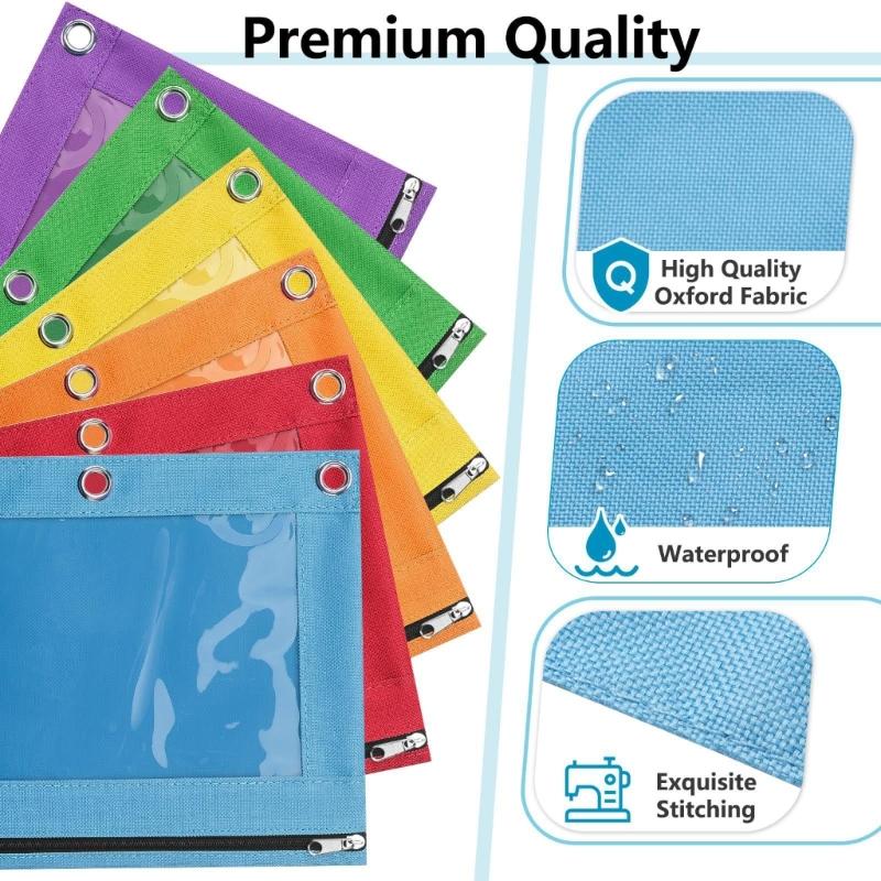 6 Pcs Zippers Pen Bag 3 Rings Binders Pencil Case File Bag Clear Window Pencil Box For Erasers Rulers Markers Storage