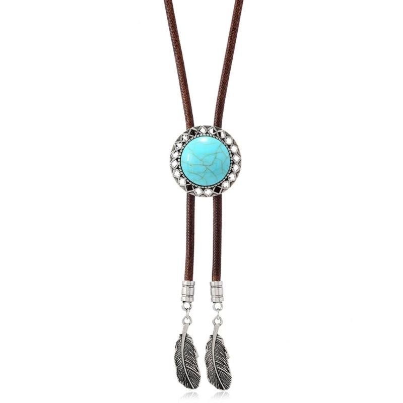 Men's Rodeos Western Leather Cord Bolo Tie Antique Floral Stone Jewelry Cowboy Necktie Necklace with Feathered Pendant