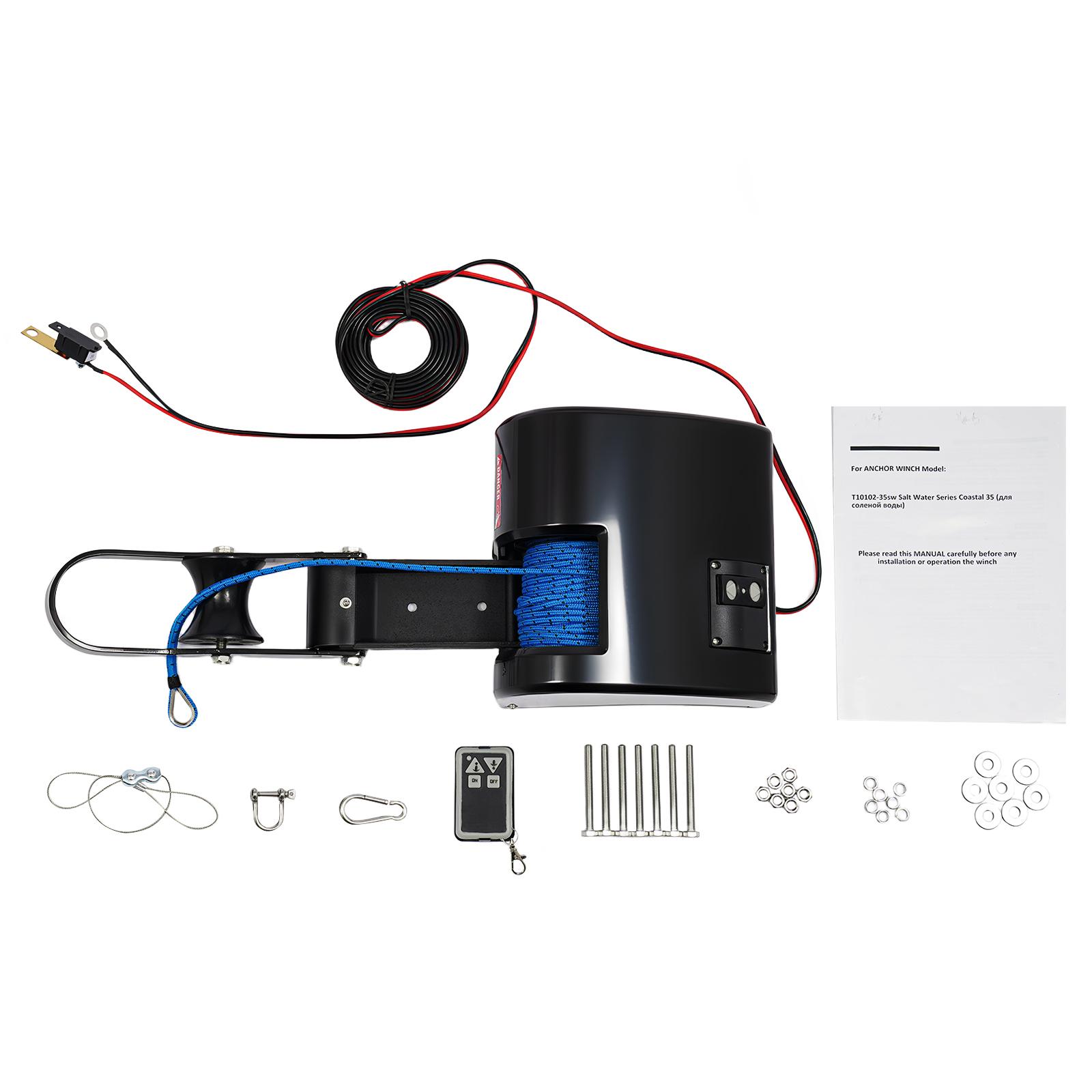 

35lbs Electric Boat Anchor Winch 12V Marine Saltwater Anchor Windlass Kit with Wireless Remote Control&100ft Braided Rope