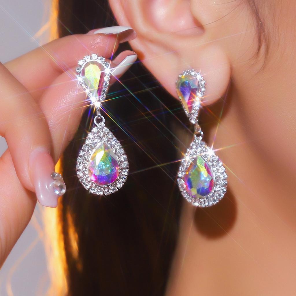 Sparkling Teardrop Dangle Earrings for Women, Full Cubic Diamond Paved Drop Earrings,Red/White/Aurora Crystal Bridal Jewelry for Wedding Party Prom