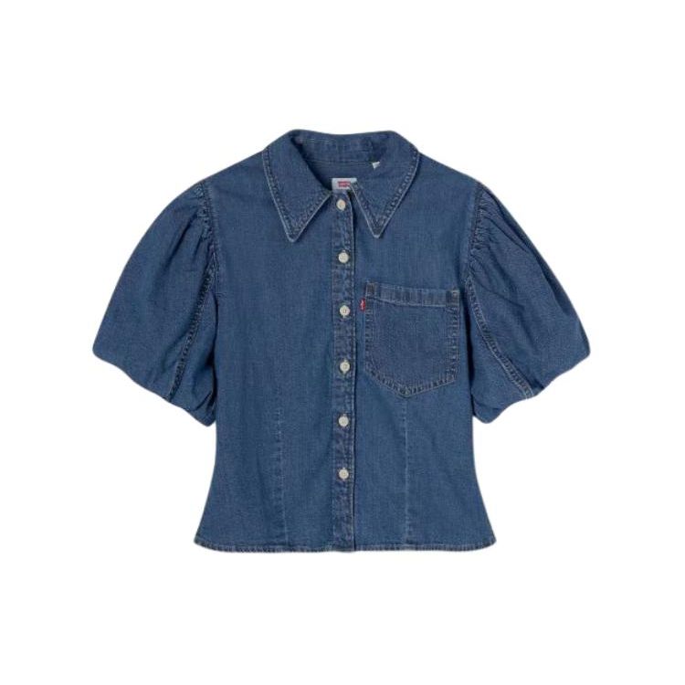 Levis Jednobarevná džínová košile s čtvercovým výstřihem a pufovanými rukávy Dámské košile Modrá A1878-0000