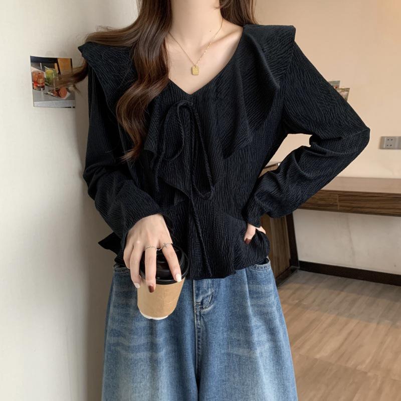 

2024 Autumn Plus Size French Ruffle V-Neck Waist-Cinching Chic Blouse 2XL