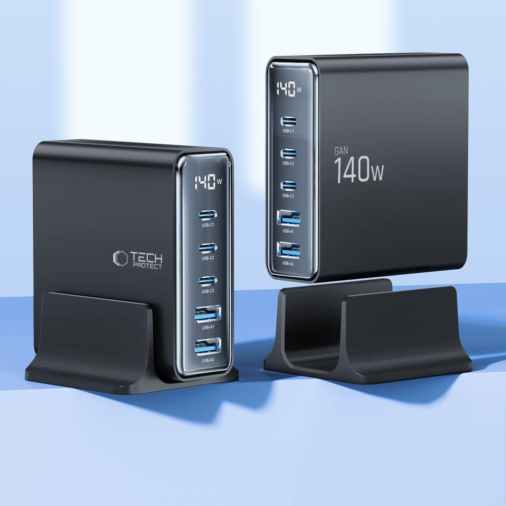 Stacja Ładująca Do Urządzeń Z Wyświetlaczem 3x USB-C 2x USB-A GaN 140W - Czarna