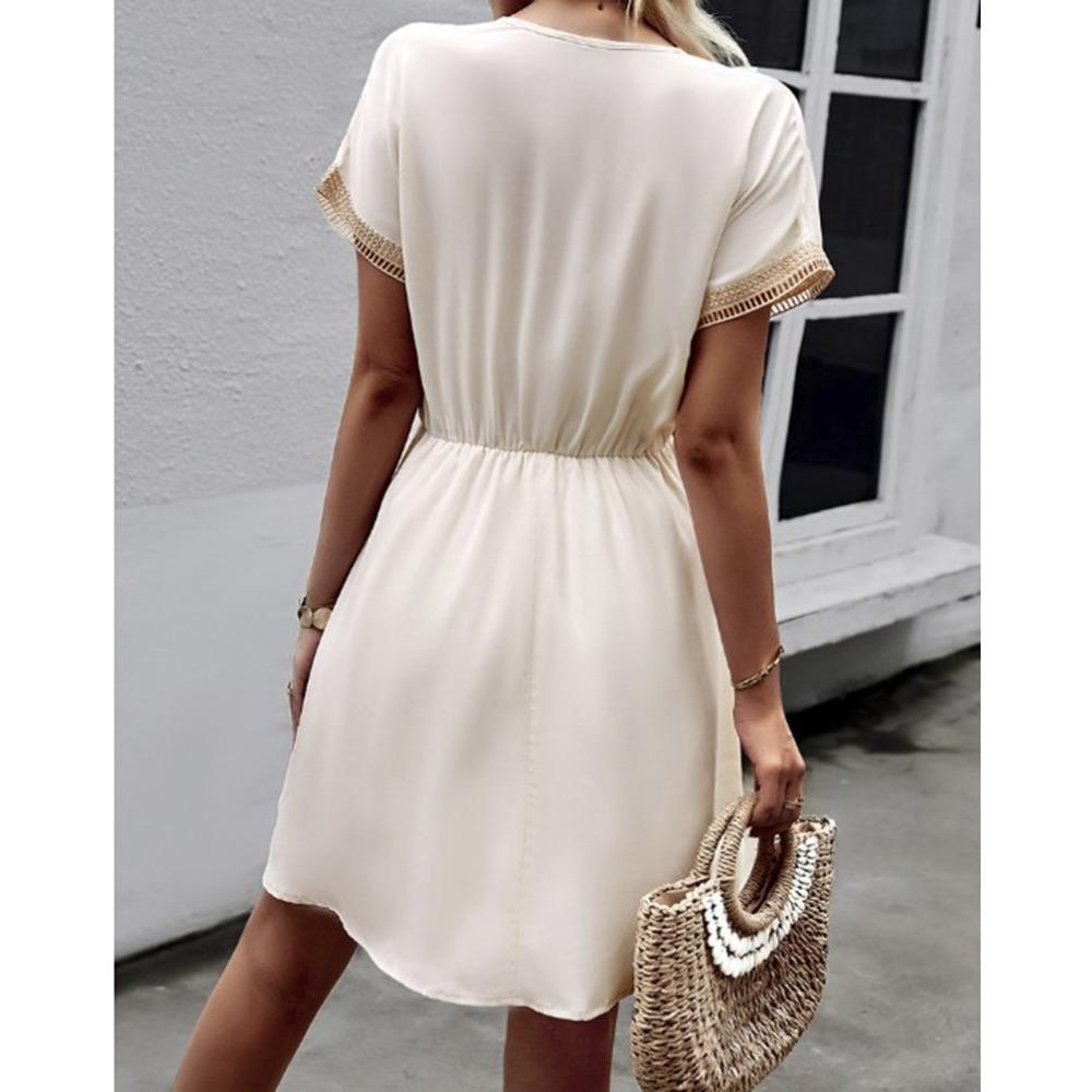 Women's Summer Dress, Spring and Summer Solid Color Short Sleeve Lace V-neck Waist-fitted Dress Casual Drawstring Waist Vacation Dress