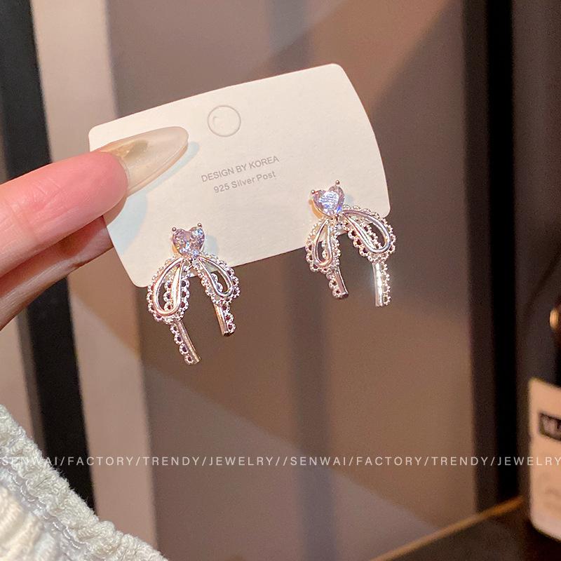 Miniature zircon love bow earrings femininity stud earrings sweet ears