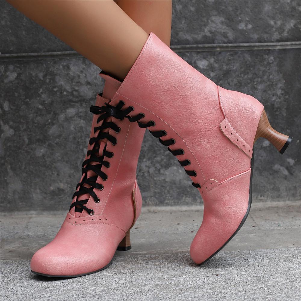 Fashion 2026 New Lace Up Ladies High Heel Shoes Strange Steampunk Boot Victorian Ankle Boots Women Pointed Toe Thick Soled Short Boots