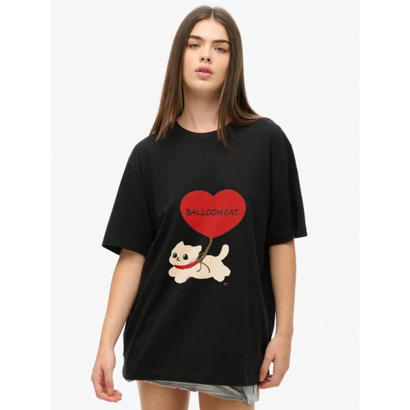 Oversize Women's Short-Sleeve T-Shirt with Cute "BALLOON CAT" Heart Balloon Cat Print