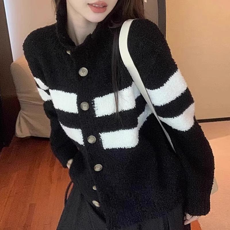 

Fashion Turtleneck Striped Knitted Cardigan Women s Sweater Autumn and Winter Coat Loose Simple Casual Office Top Ladies Clothing one size чёрный