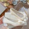 Elegant Women's Mid Heel Pumps Beige PU Leather White Pearl Bowknot Chunky Heeled Shoes for Ladies Bride Pumps Zapatos De Mujer