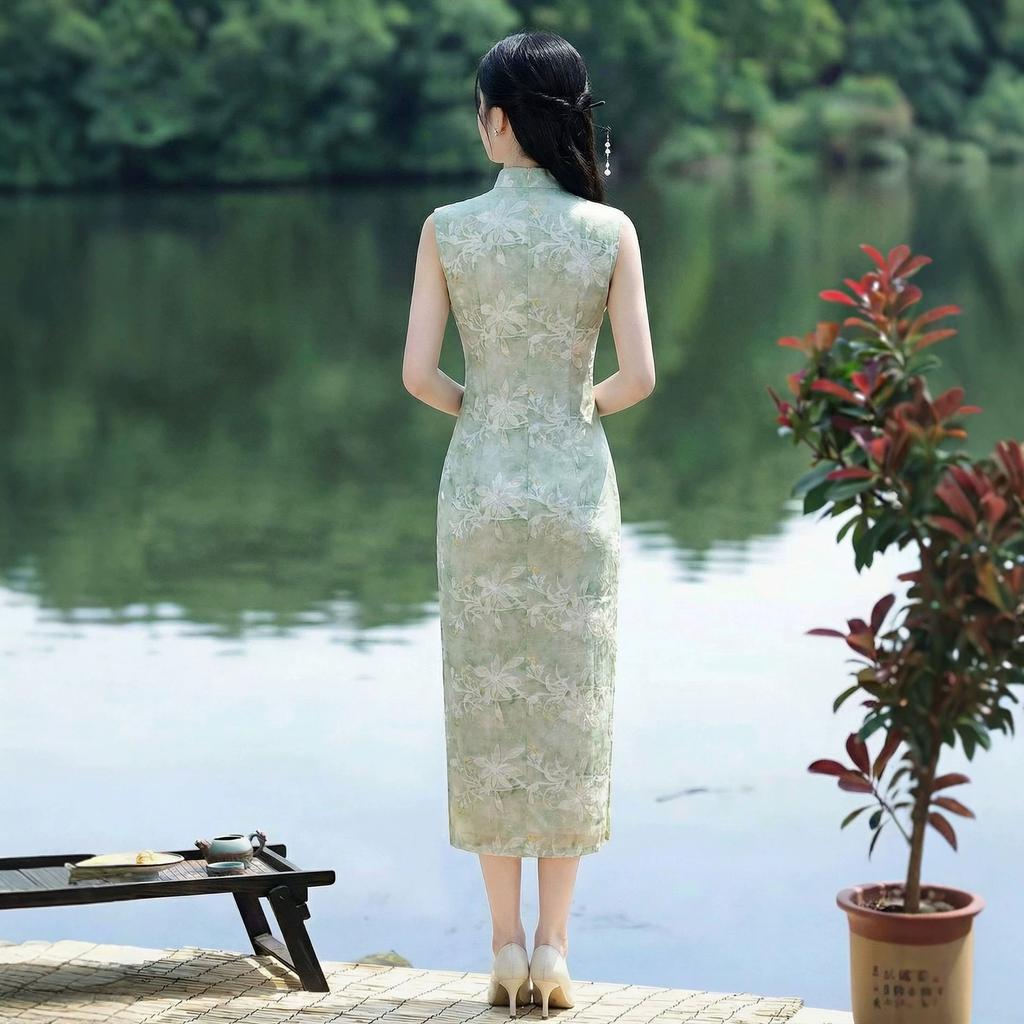 Green new Chinese jacquard cheongsam 1011 new improved young simple and elegant retro daily dress women's spring and summer