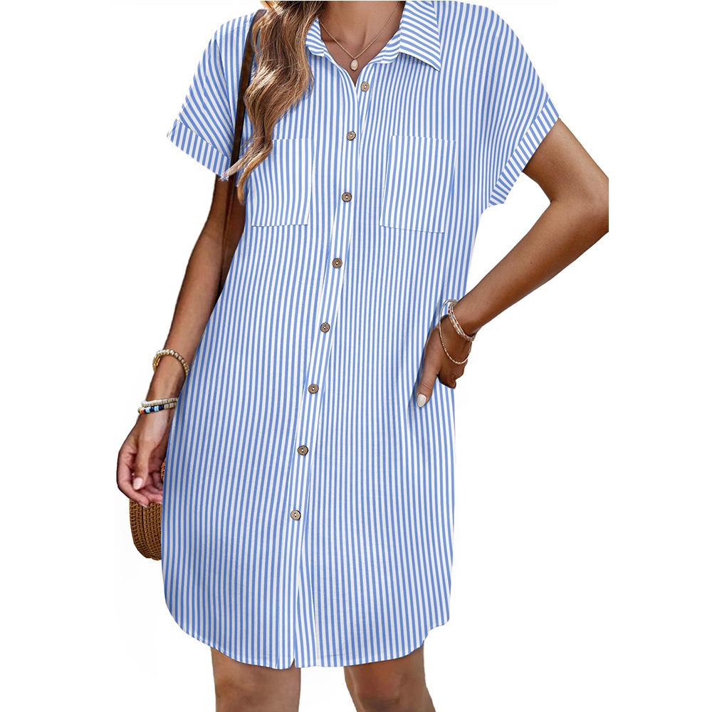 

Женское полосатое платье-рубашка с коротким рукавом и карманом, отложным воротником, застежкой на пуговицы спереди, повседневное офисное платье (Синий/Черный/Оранжевый/Серый S