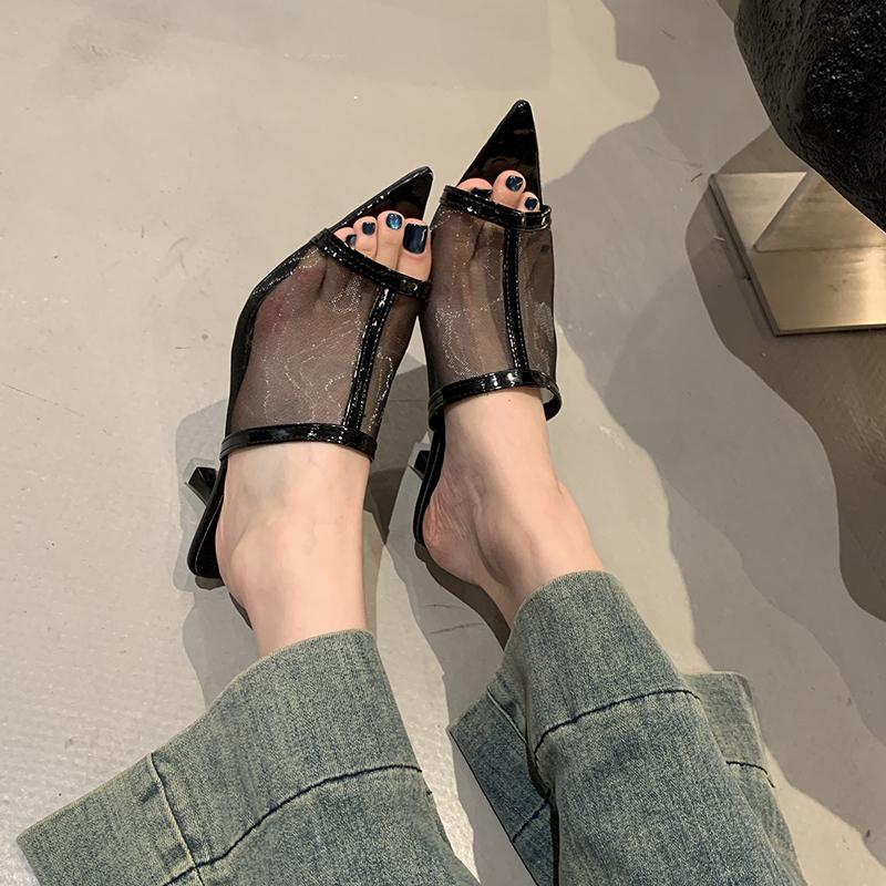 Transparent Silk Gauze Mule Slides Woman Bling Lace Mesh Pointed Toe High Heel Slipper Sandals Ladies Evening Party Pump Shoes