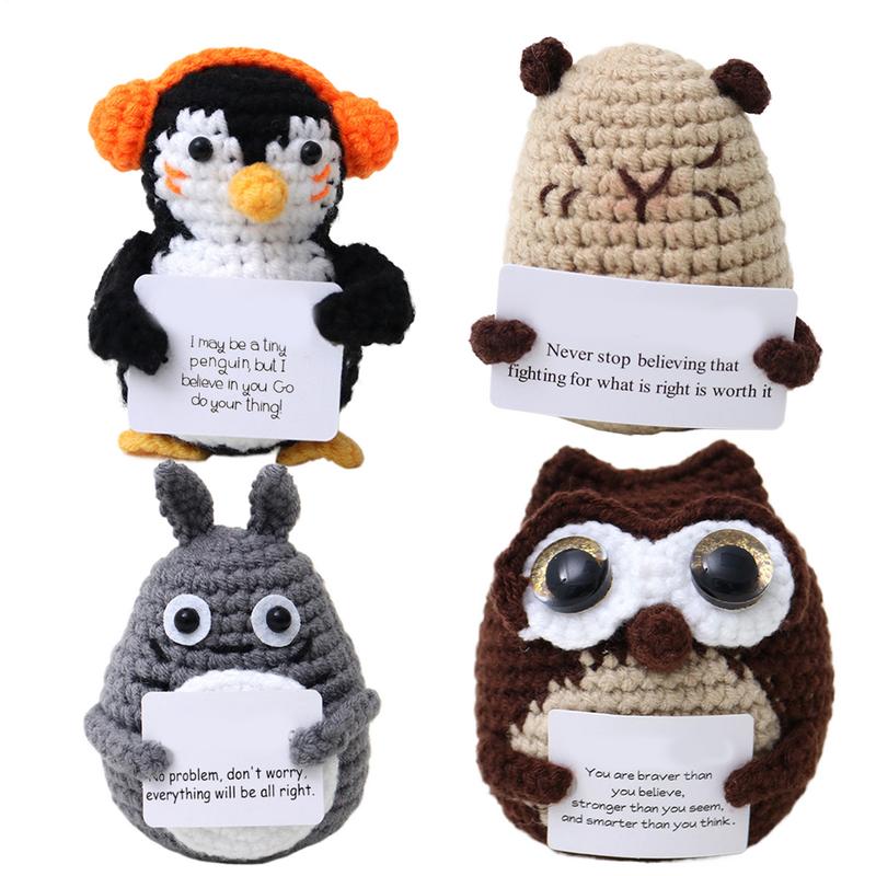 New Positive Energy owl velvet rat penguin Mini Handmade knitted fabric Doll with Card Cute Funny Gift Home Room Decoration