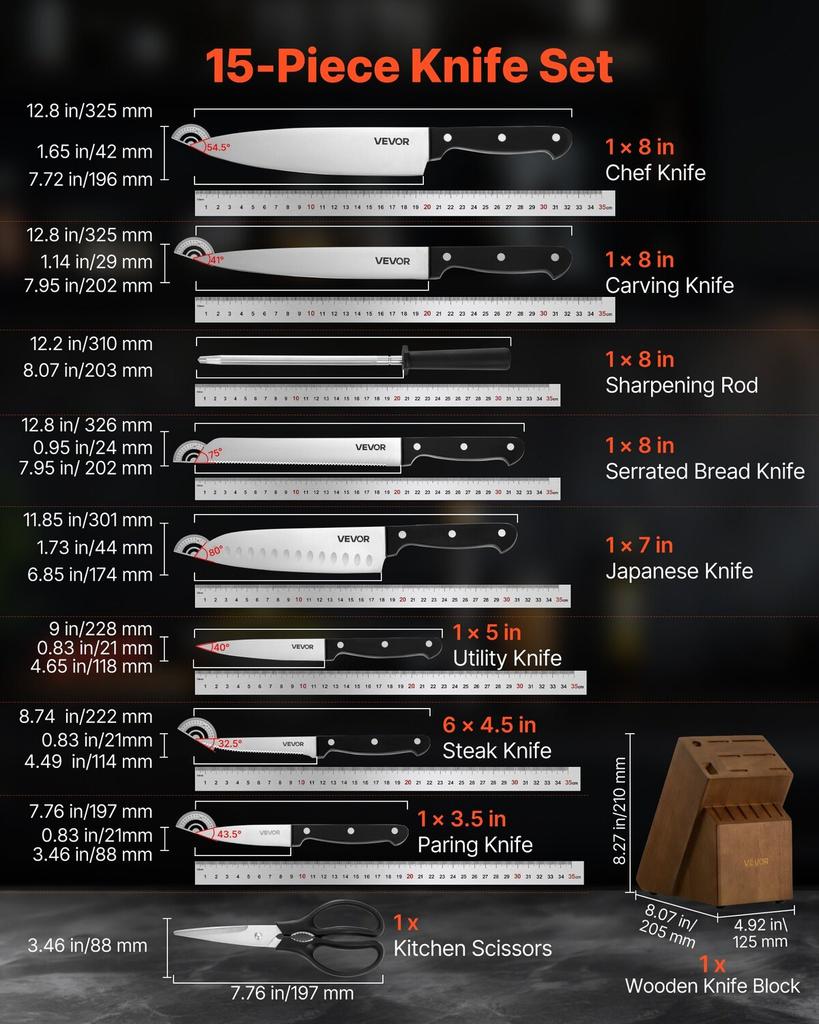 Kitchen Knife Set with Block and Sharpener, 15 Piece German High Carbon Stainless Steel Knife Set, Kitchen Cutlery with ABS Ergonomic Handle,