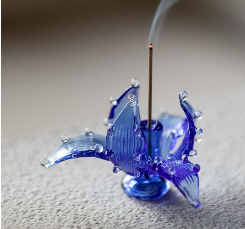 Handmade Flower Ceramic Incense Holder, Artificial Crystal Glass Foam Incense Sticks Holder  Artistic Iris Flower Gift for Women
