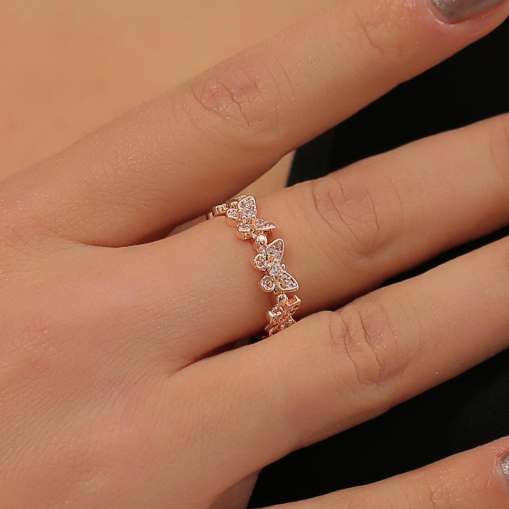 Elegant Geometric Butterfly Ring with Zircon Inlay - Adjustable Double-Layer Design for Women