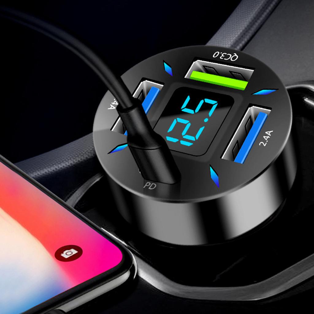 4 Ports 66W PD QC3.0 Car Charger 12V-24V USB Car Charger Socket Ultra Fast Digital Display Phone Charge Power Adapter Outlet